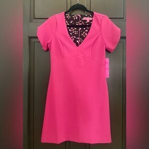 Betsey Johnson V-Neck Short Sleeve A-Line Zipper Back Scuba Crepe Dress